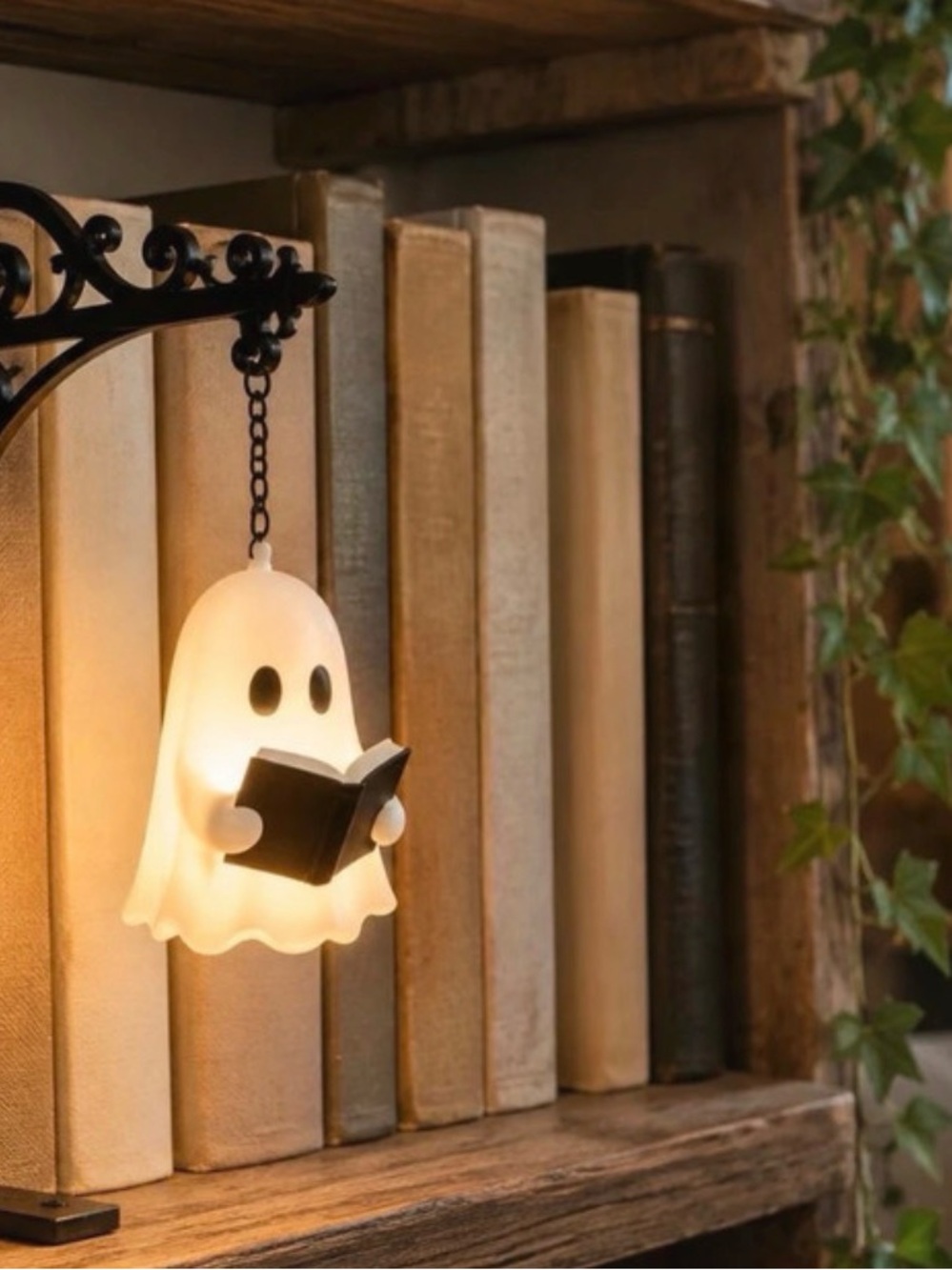 Cute White Ghost Lantern Night Light with Book Accent - Home Accents